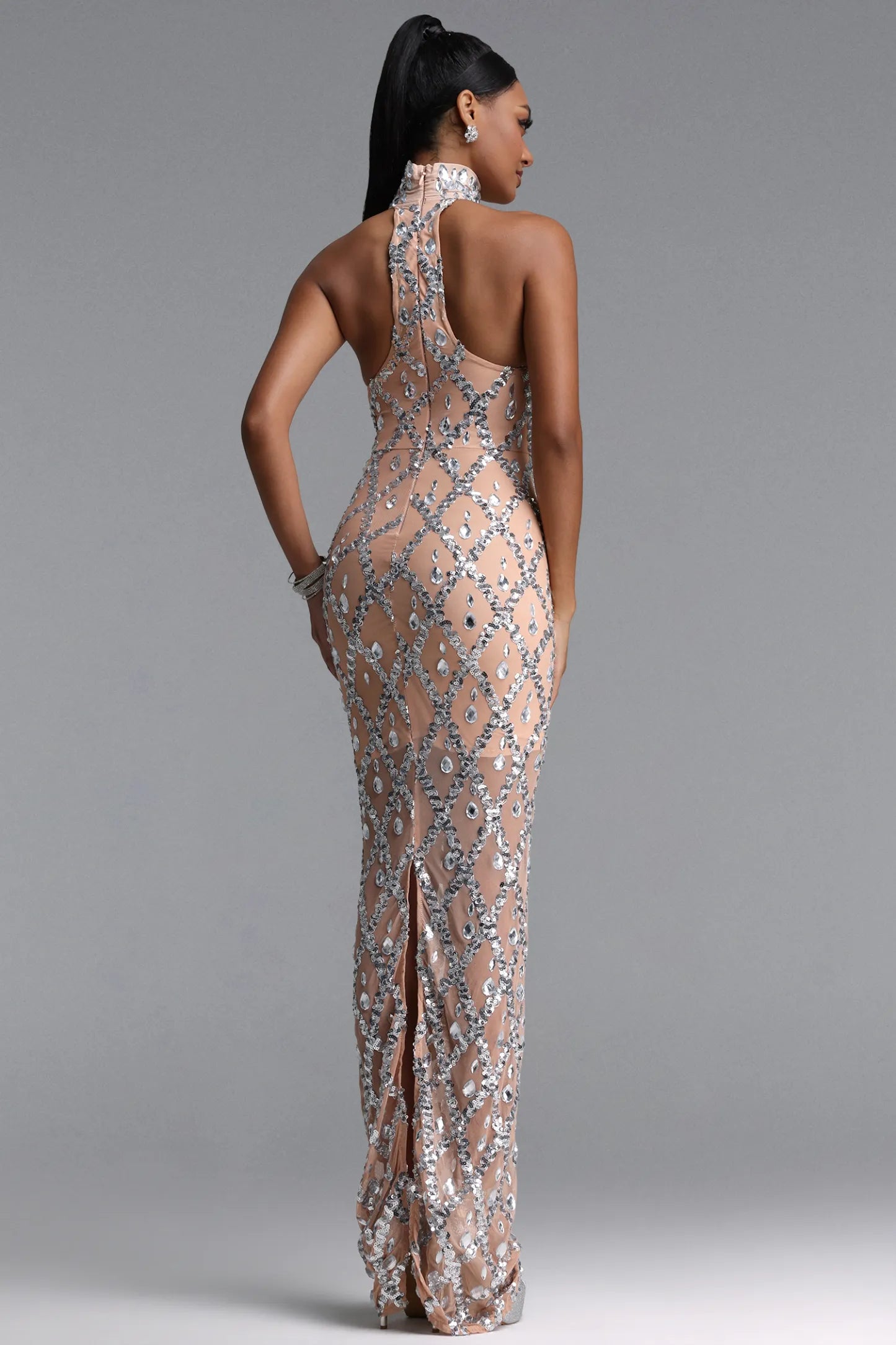 Crystal Lattice Illusion Halter Gown - Nude & Silver