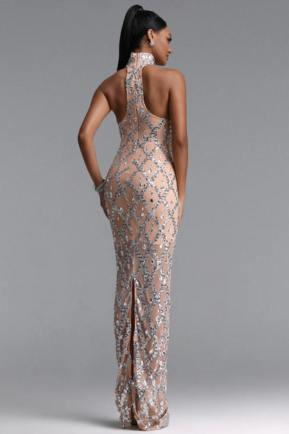 Crystal Lattice Illusion Halter Gown - Nude & Silver