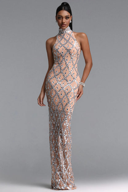 Crystal Lattice Illusion Halter Gown - Nude & Silver