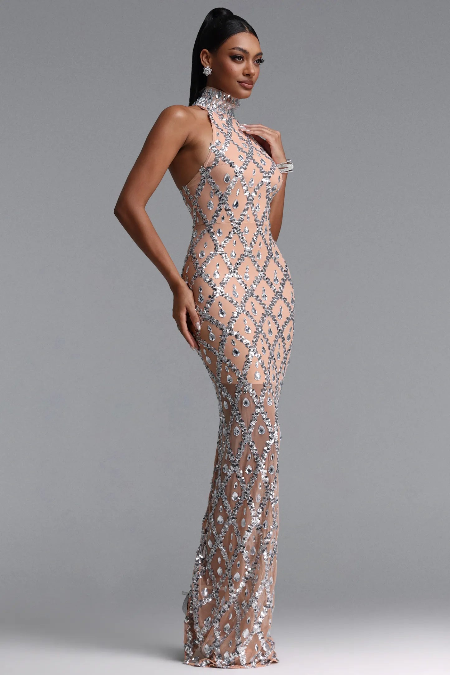 Crystal Lattice Illusion Halter Gown - Nude & Silver