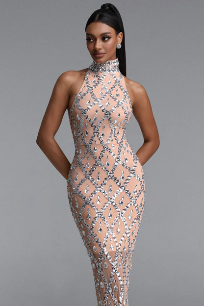 Crystal Lattice Illusion Halter Gown - Nude & Silver