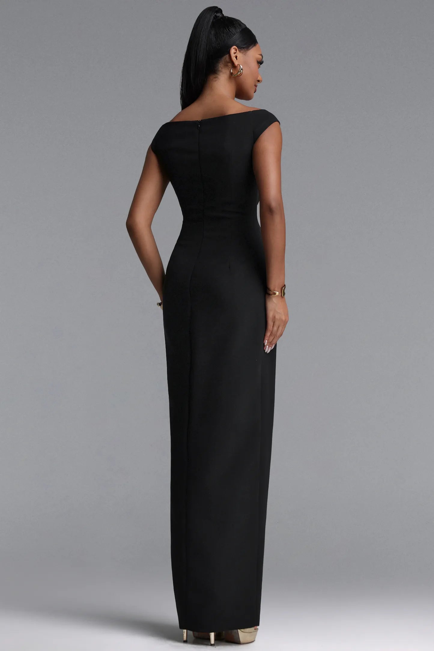 Gold Hardware Slit Column Gown - Black