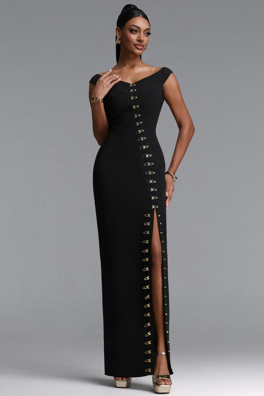 Gold Hardware Slit Column Gown - Black