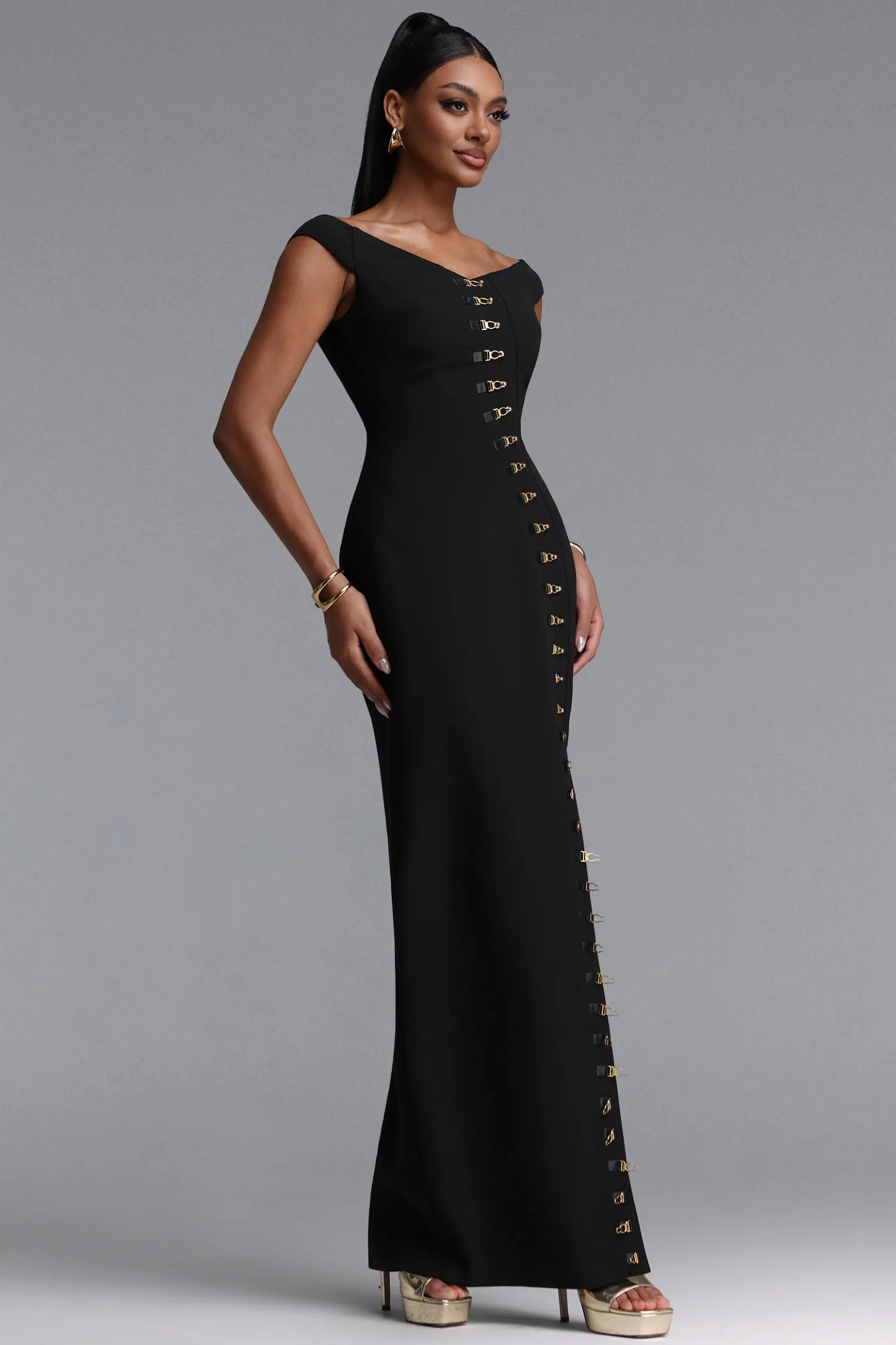 Gold Hardware Slit Column Gown - Black