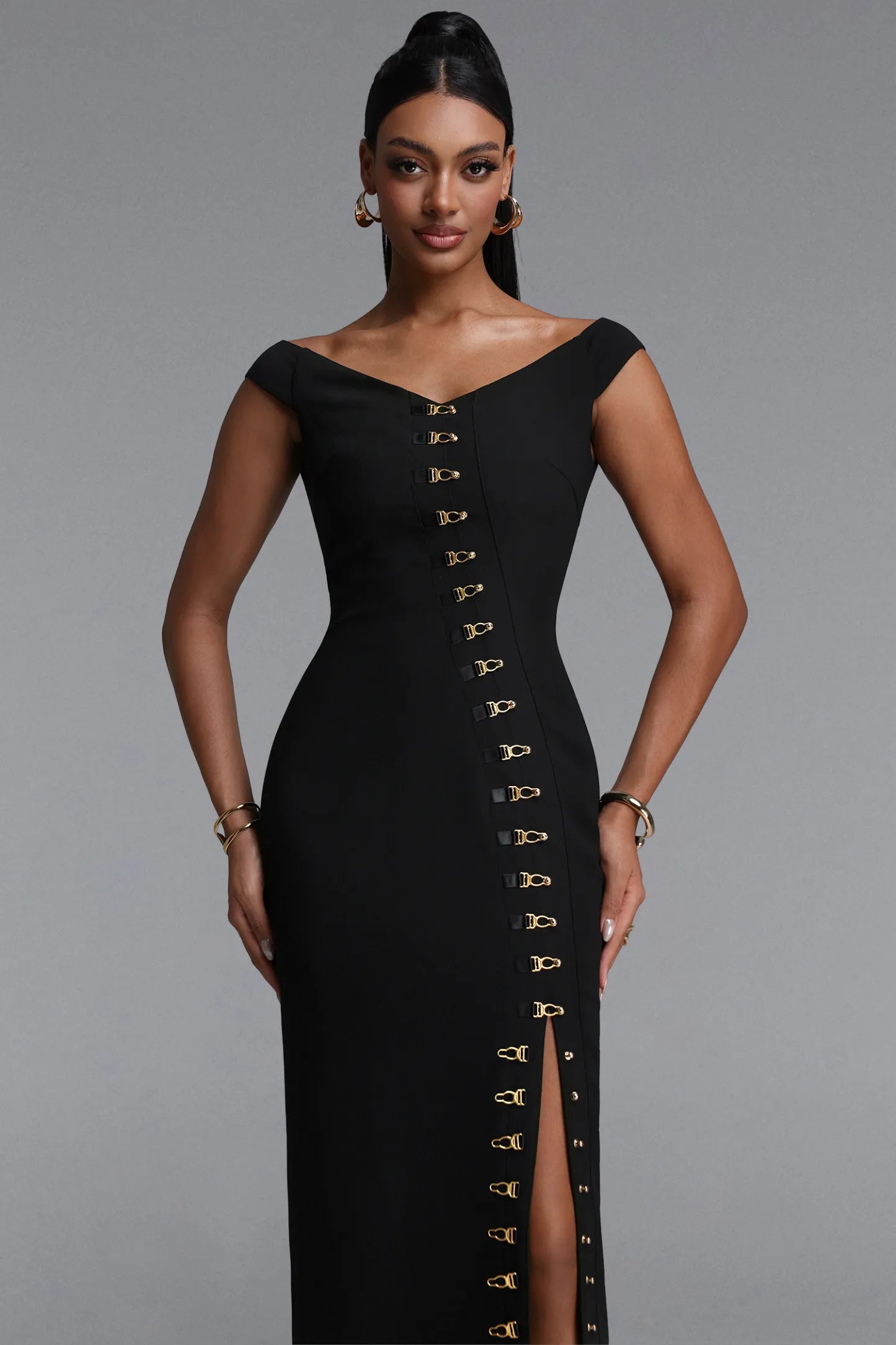 Gold Hardware Slit Column Gown - Black