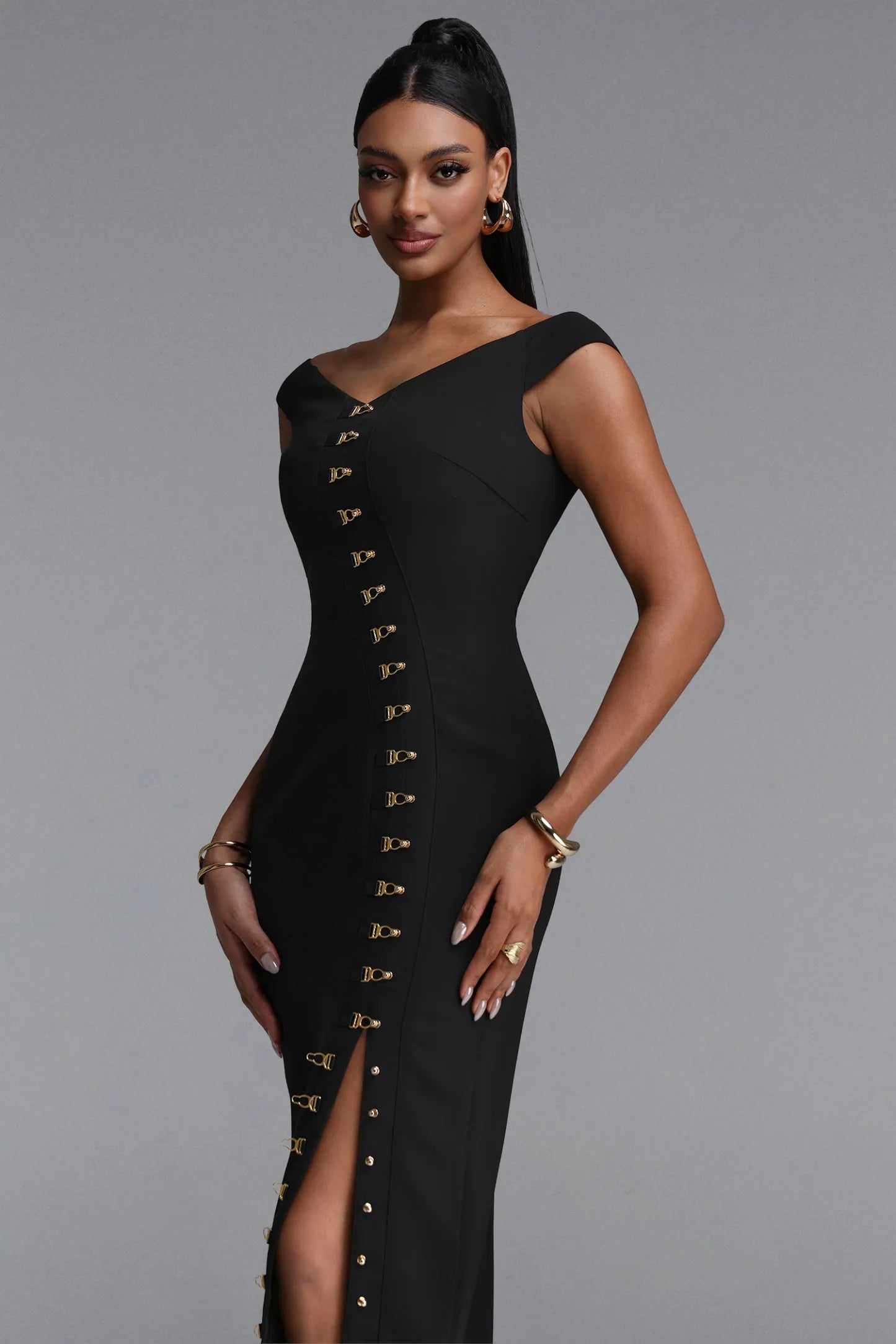Gold Hardware Slit Column Gown - Black