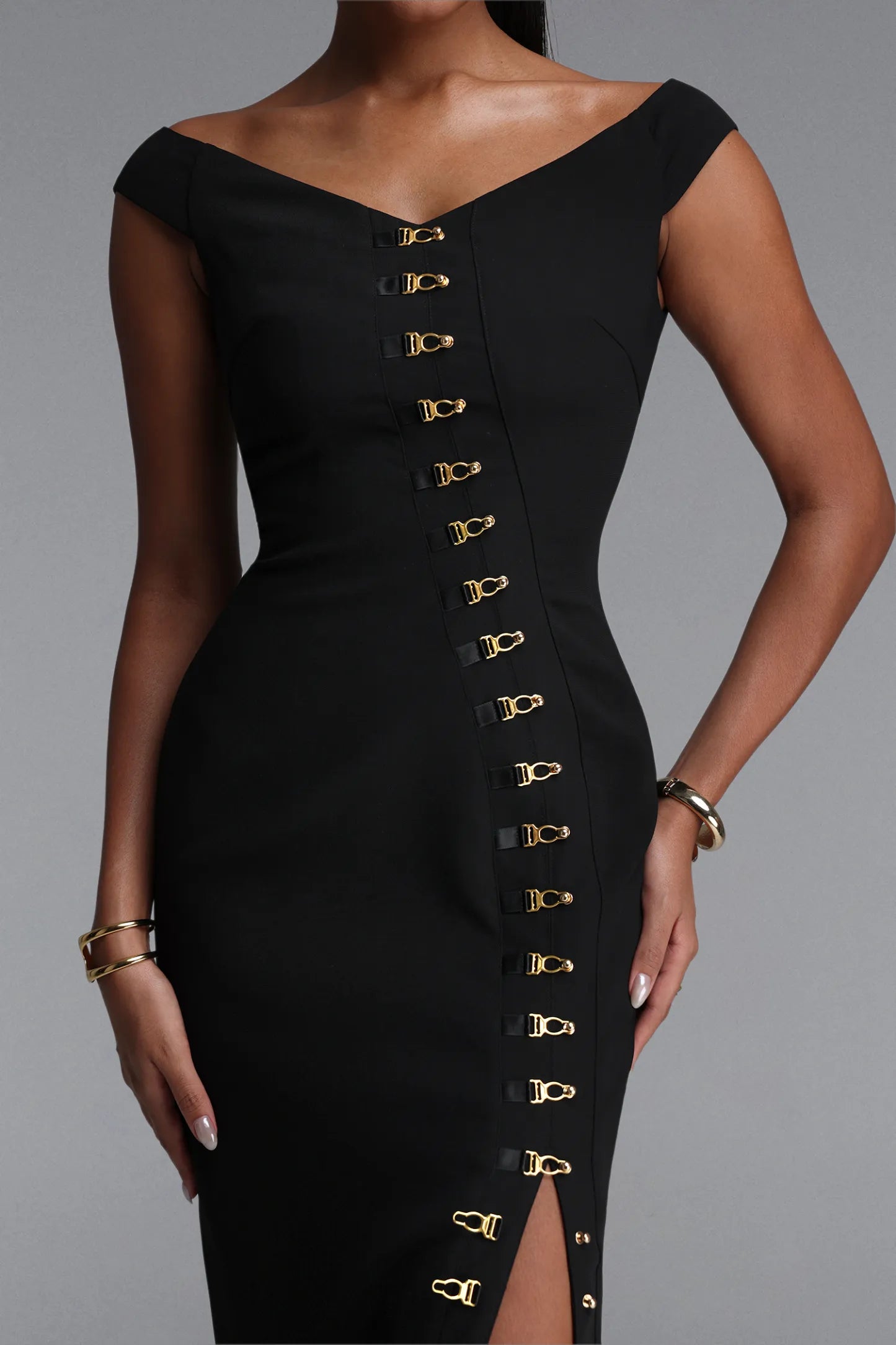 Gold Hardware Slit Column Gown - Black