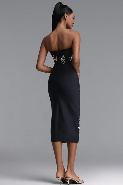 Embroidered Floral Strapless Cutout Midi Dress - Black