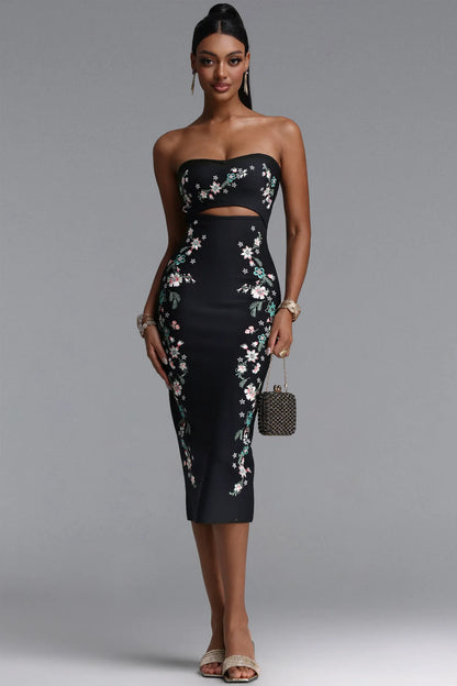 Embroidered Floral Strapless Cutout Midi Dress - Black