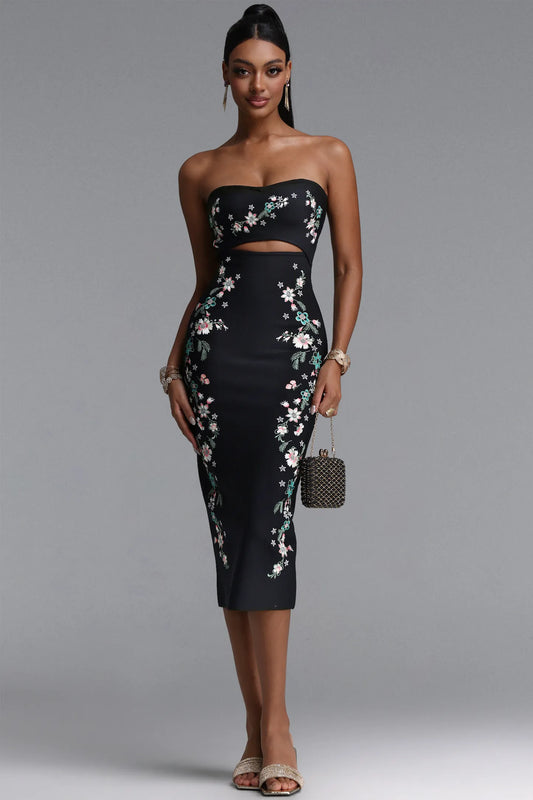 Embroidered Floral Strapless Cutout Midi Dress - Black