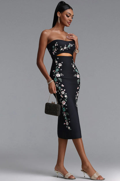 Embroidered Floral Strapless Cutout Midi Dress - Black