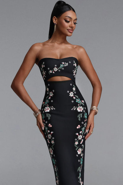 Embroidered Floral Strapless Cutout Midi Dress - Black