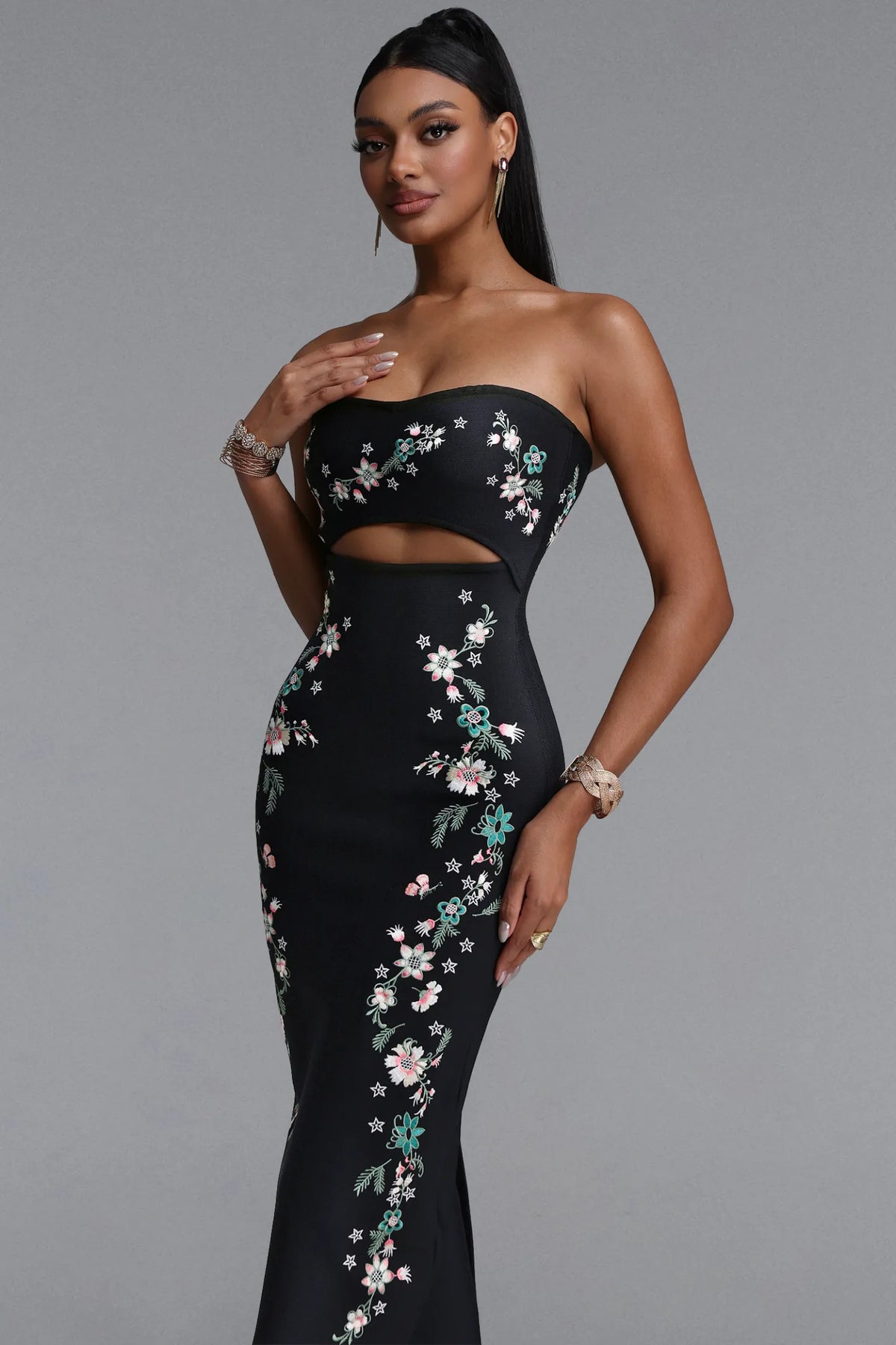 Embroidered Floral Strapless Cutout Midi Dress - Black