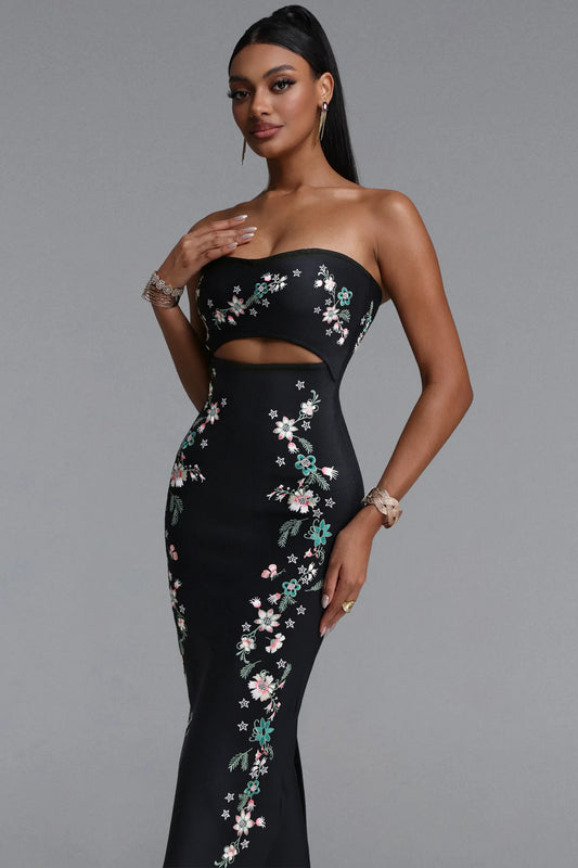 Embroidered Floral Strapless Cutout Midi Dress - Black