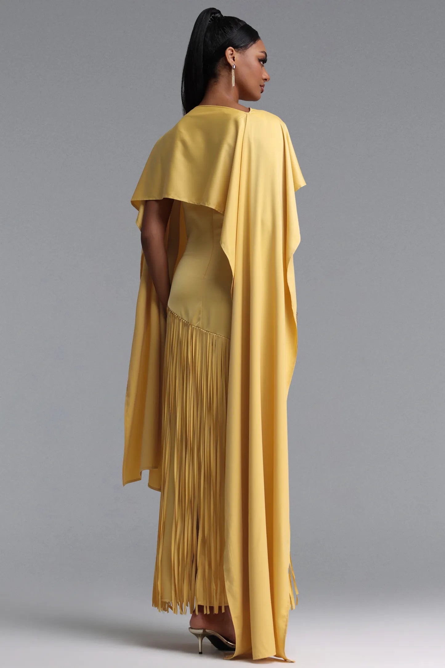 Asymmetrical Cape-Sleeve Fringe Maxi Gown - Mustard Yellow