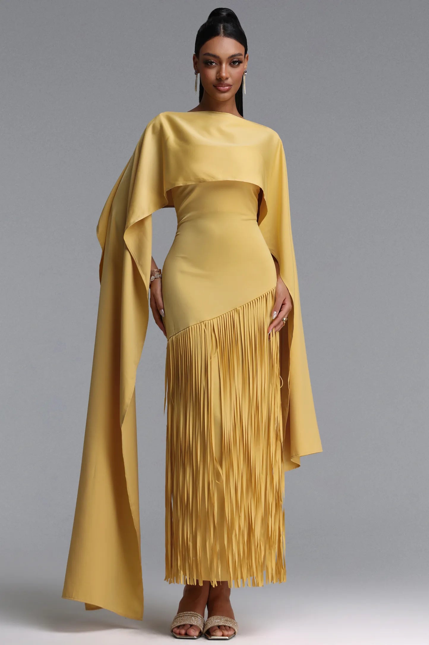 Asymmetrical Cape-Sleeve Fringe Maxi Gown - Mustard Yellow