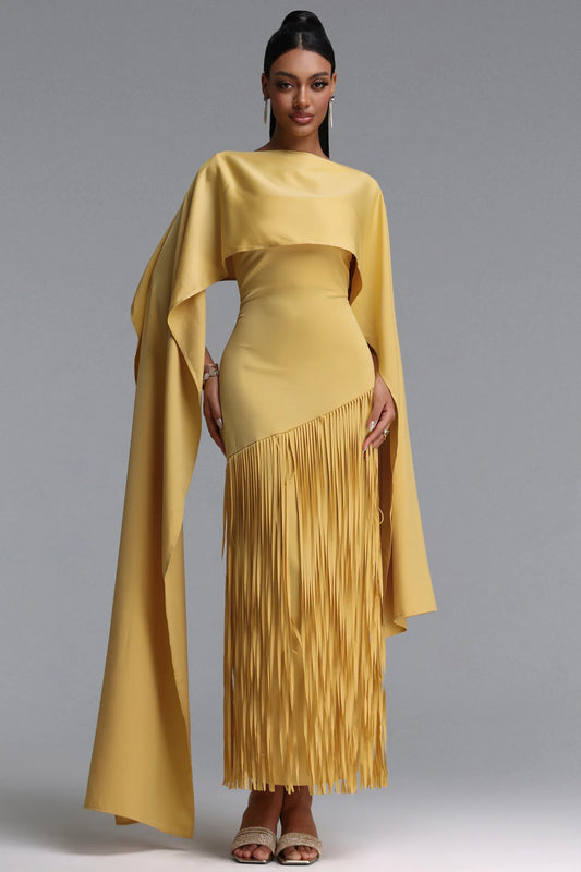 Asymmetrical Cape-Sleeve Fringe Maxi Gown - Mustard Yellow