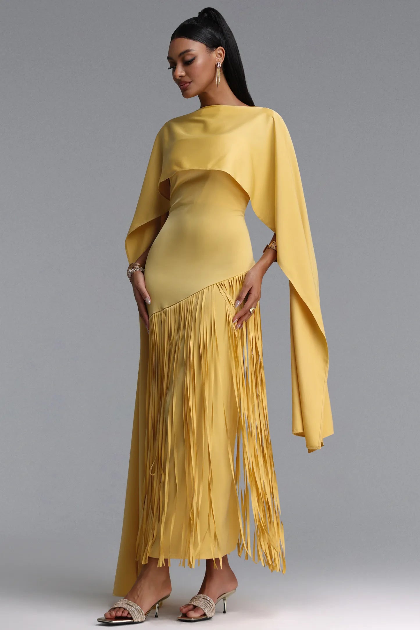Asymmetrical Cape-Sleeve Fringe Maxi Gown - Mustard Yellow