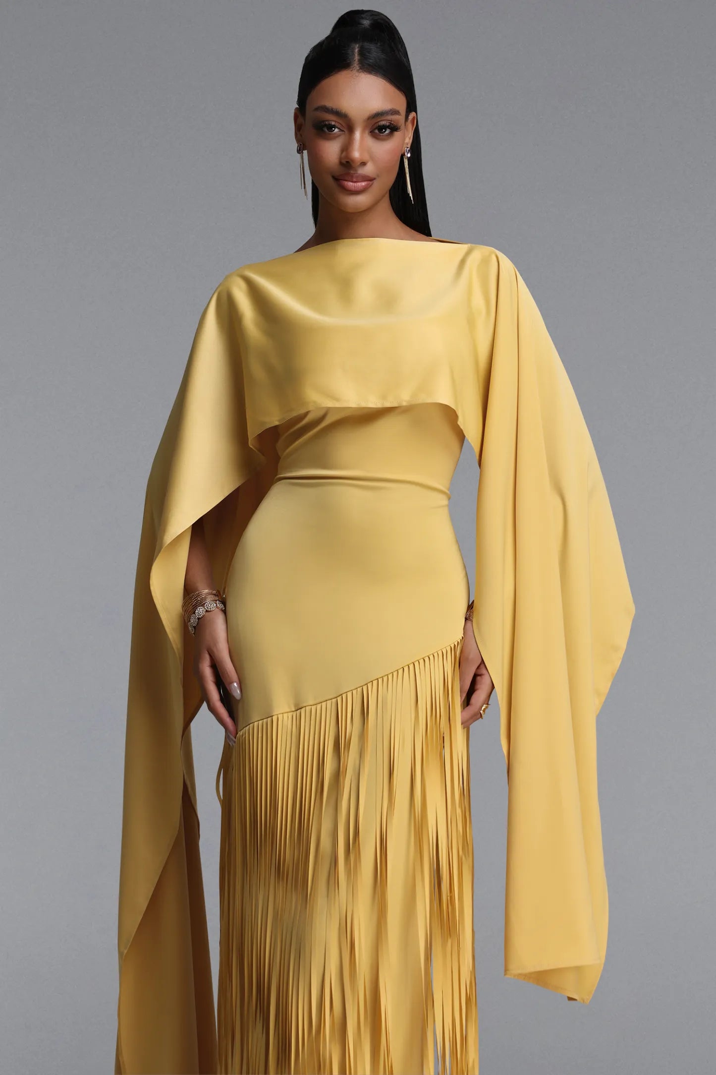 Asymmetrical Cape-Sleeve Fringe Maxi Gown - Mustard Yellow