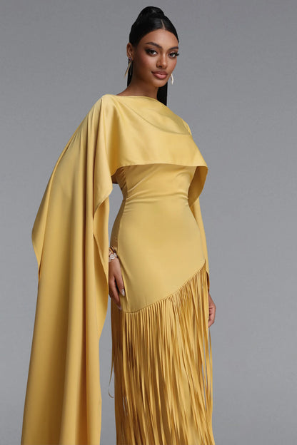 Asymmetrical Cape-Sleeve Fringe Maxi Gown - Mustard Yellow
