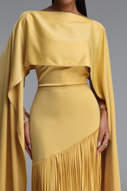 Asymmetrical Cape-Sleeve Fringe Maxi Gown - Mustard Yellow