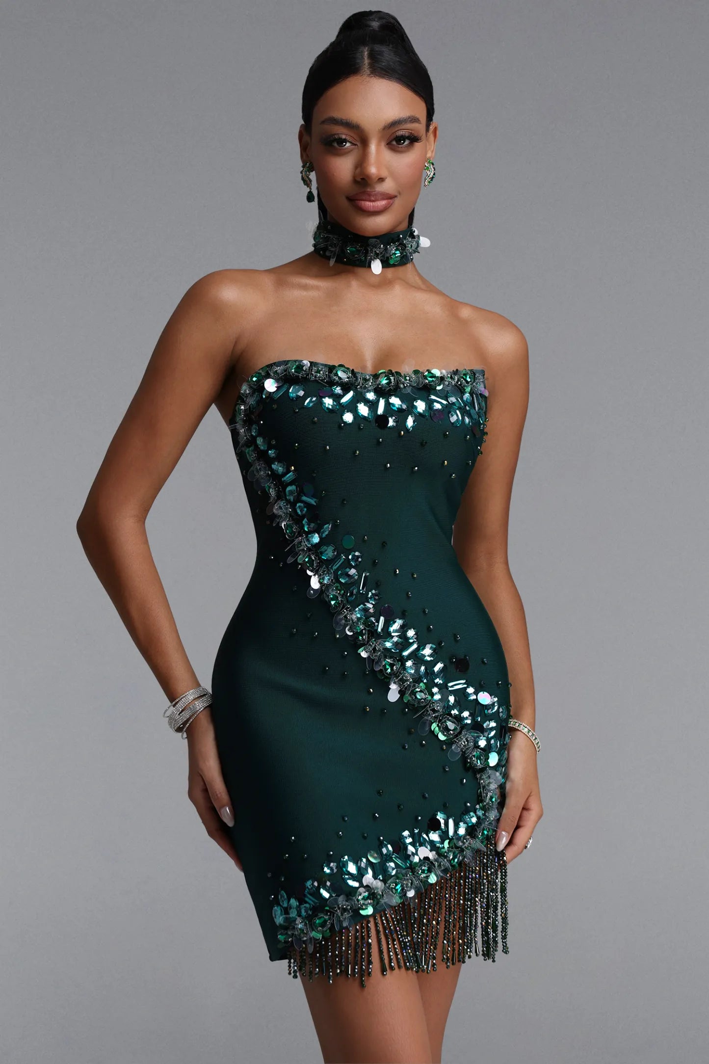 Embellished Asymmetrical Fringe Mini Dress with Choker - Emerald Green