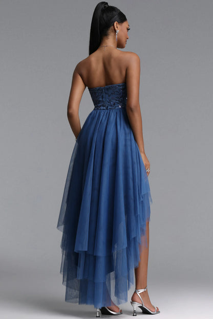 Strapless Sequin Embroidered High-Low Tulle Gown - Dusty Blue