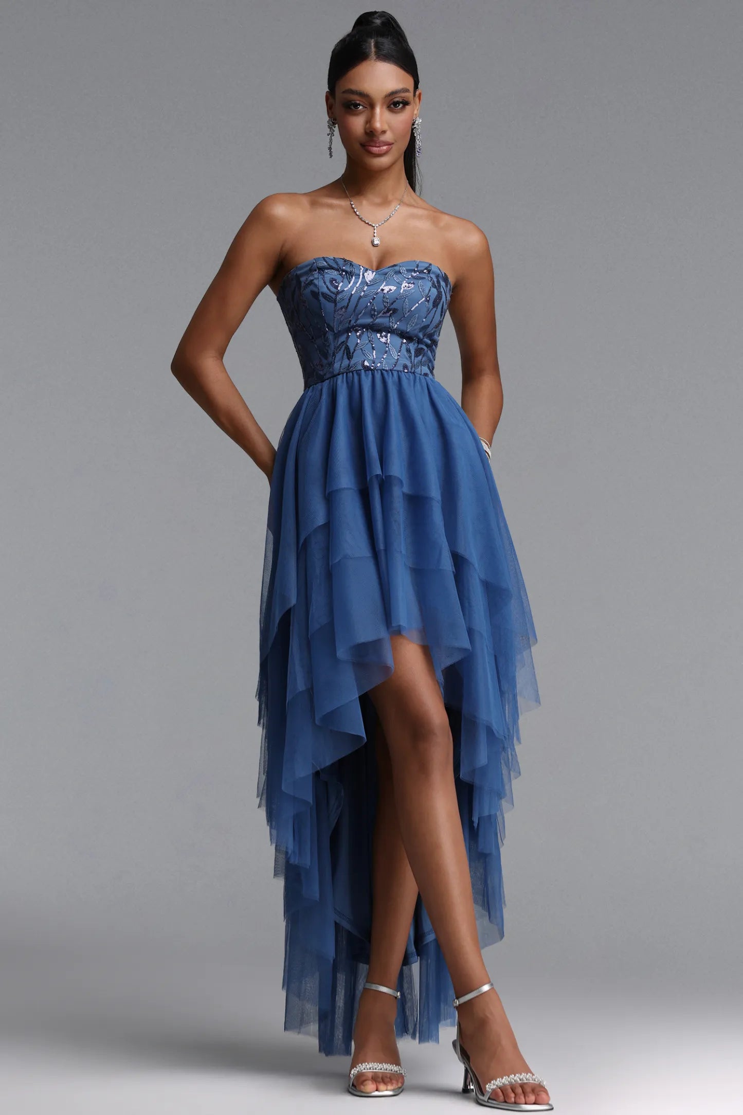 Strapless Sequin Embroidered High-Low Tulle Gown - Dusty Blue