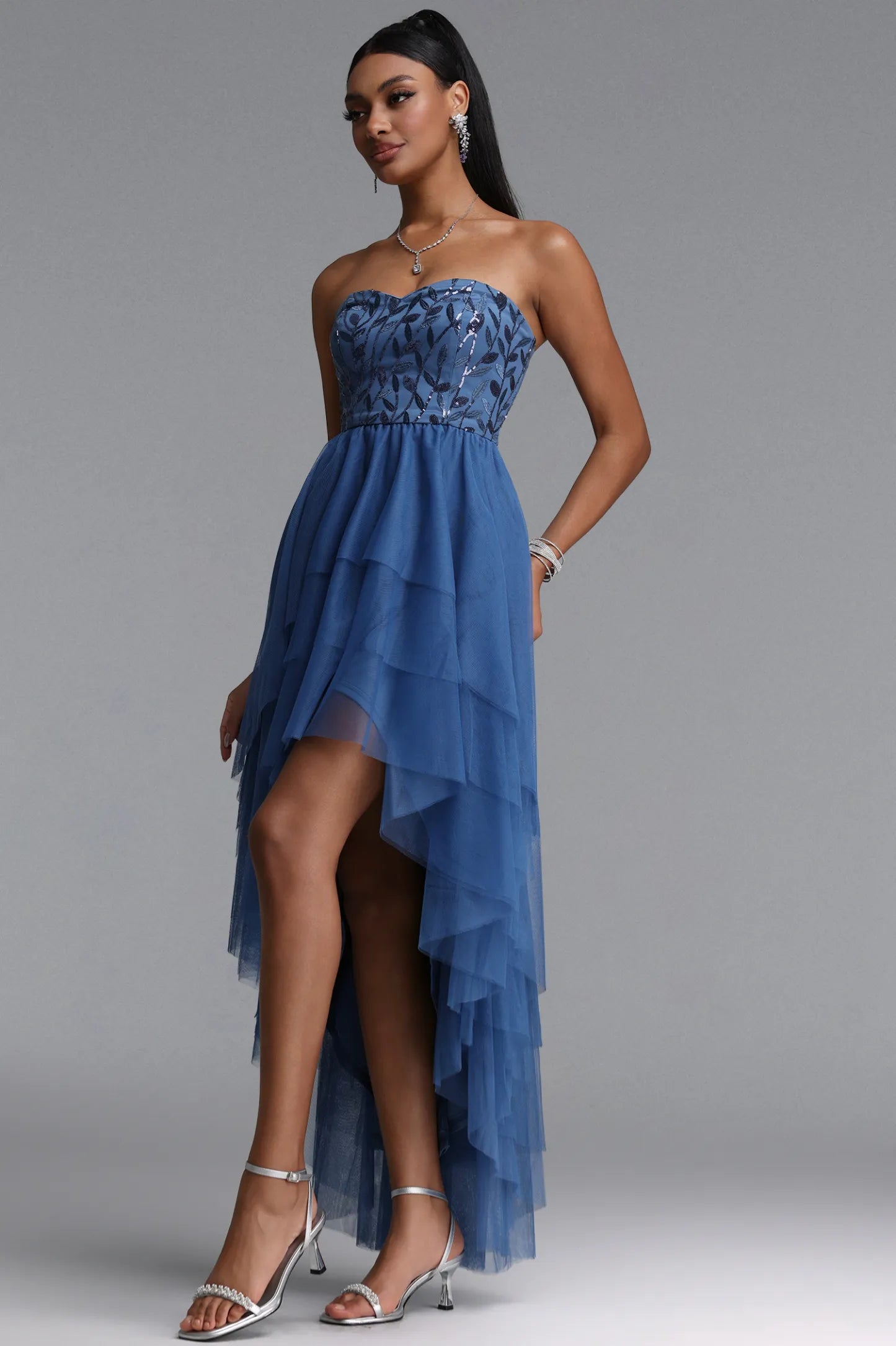 Strapless Sequin Embroidered High-Low Tulle Gown - Dusty Blue