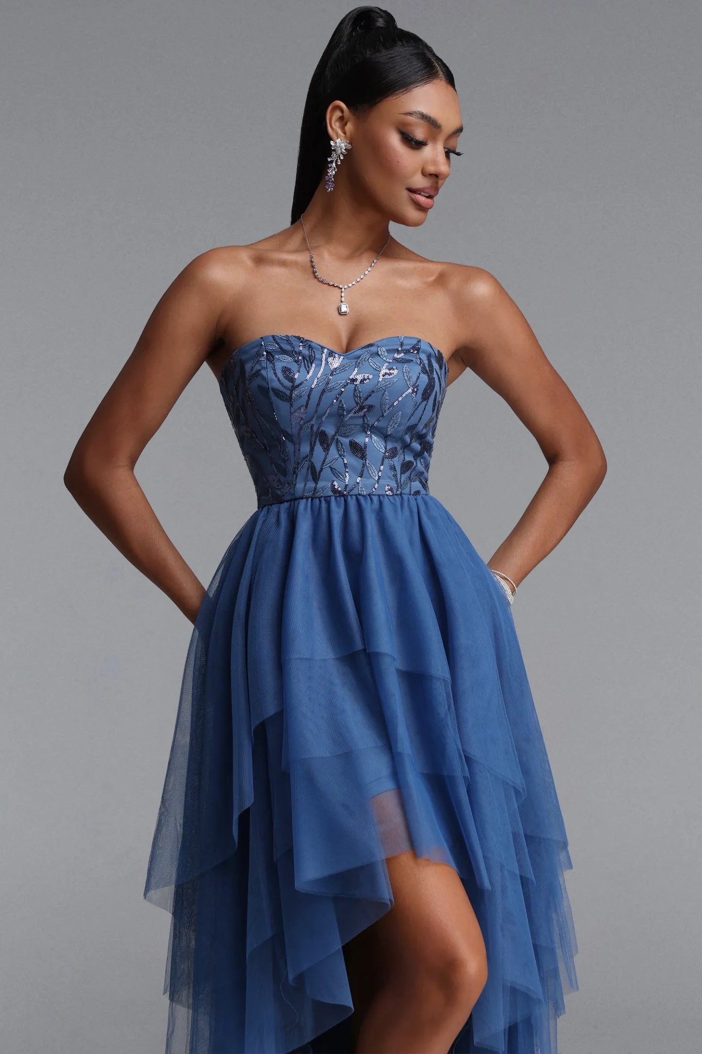 Strapless Sequin Embroidered High-Low Tulle Gown - Dusty Blue