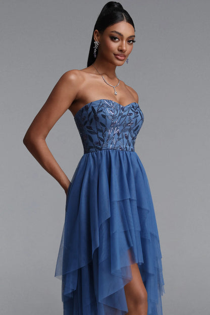 Strapless Sequin Embroidered High-Low Tulle Gown - Dusty Blue