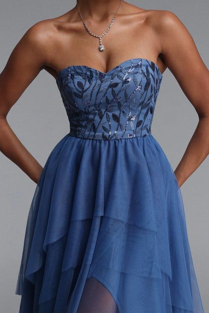 Strapless Sequin Embroidered High-Low Tulle Gown - Dusty Blue