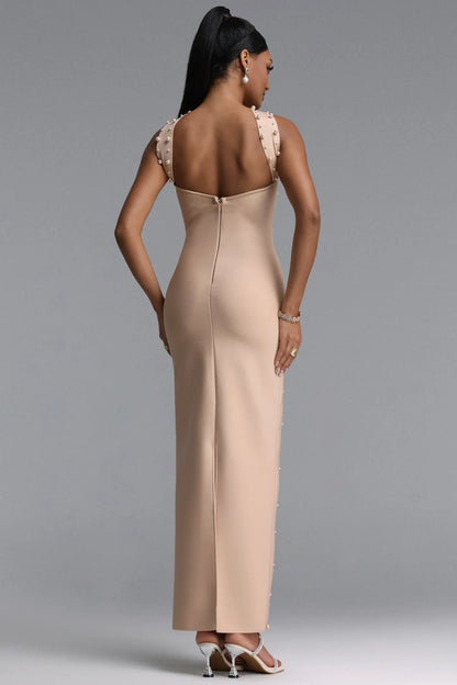 Pearl & Crystal Embellished Strapless Column Gown with Choker - Champagne