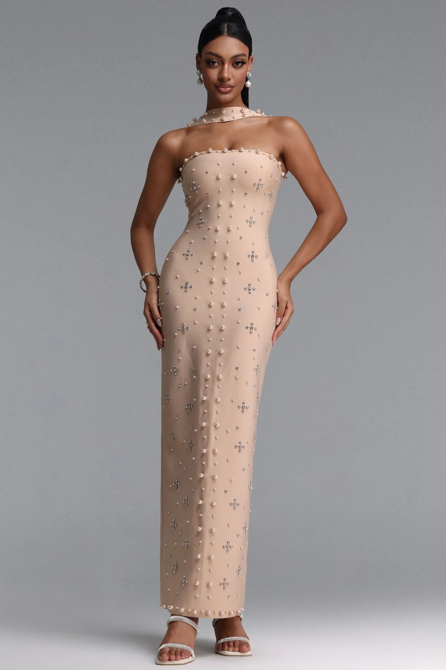 Pearl & Crystal Embellished Strapless Column Gown with Choker - Champagne