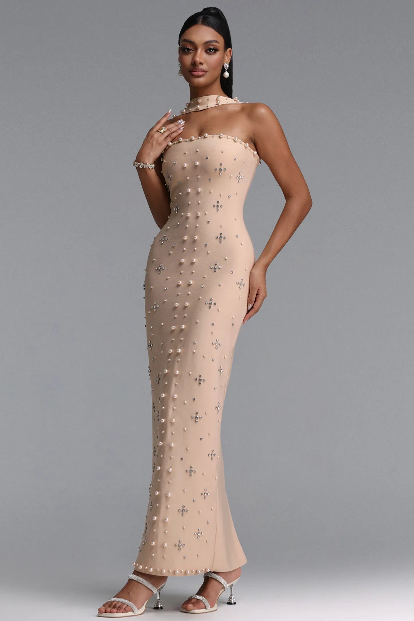 Pearl & Crystal Embellished Strapless Column Gown with Choker - Champagne