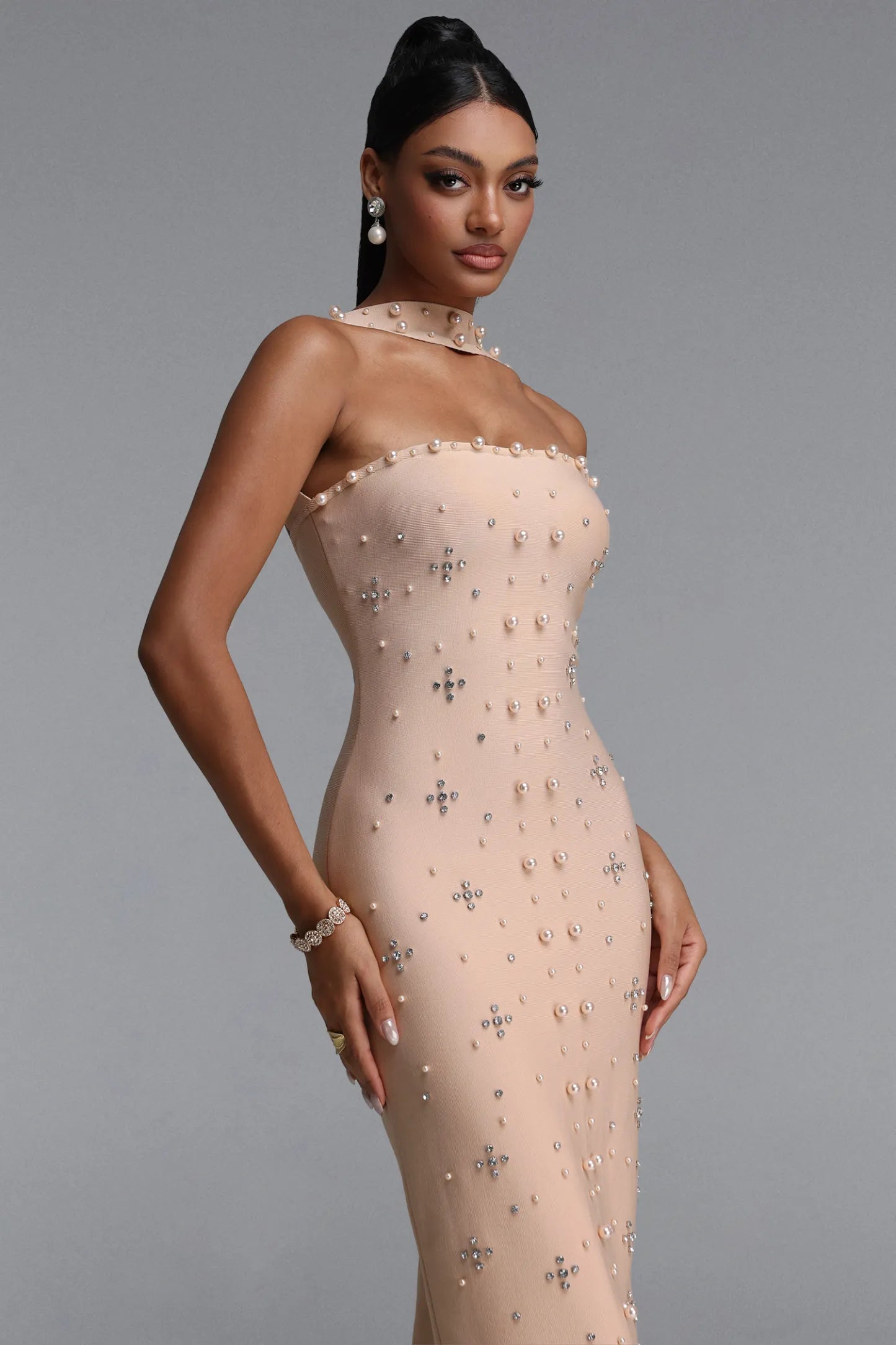 Pearl & Crystal Embellished Strapless Column Gown with Choker - Champagne