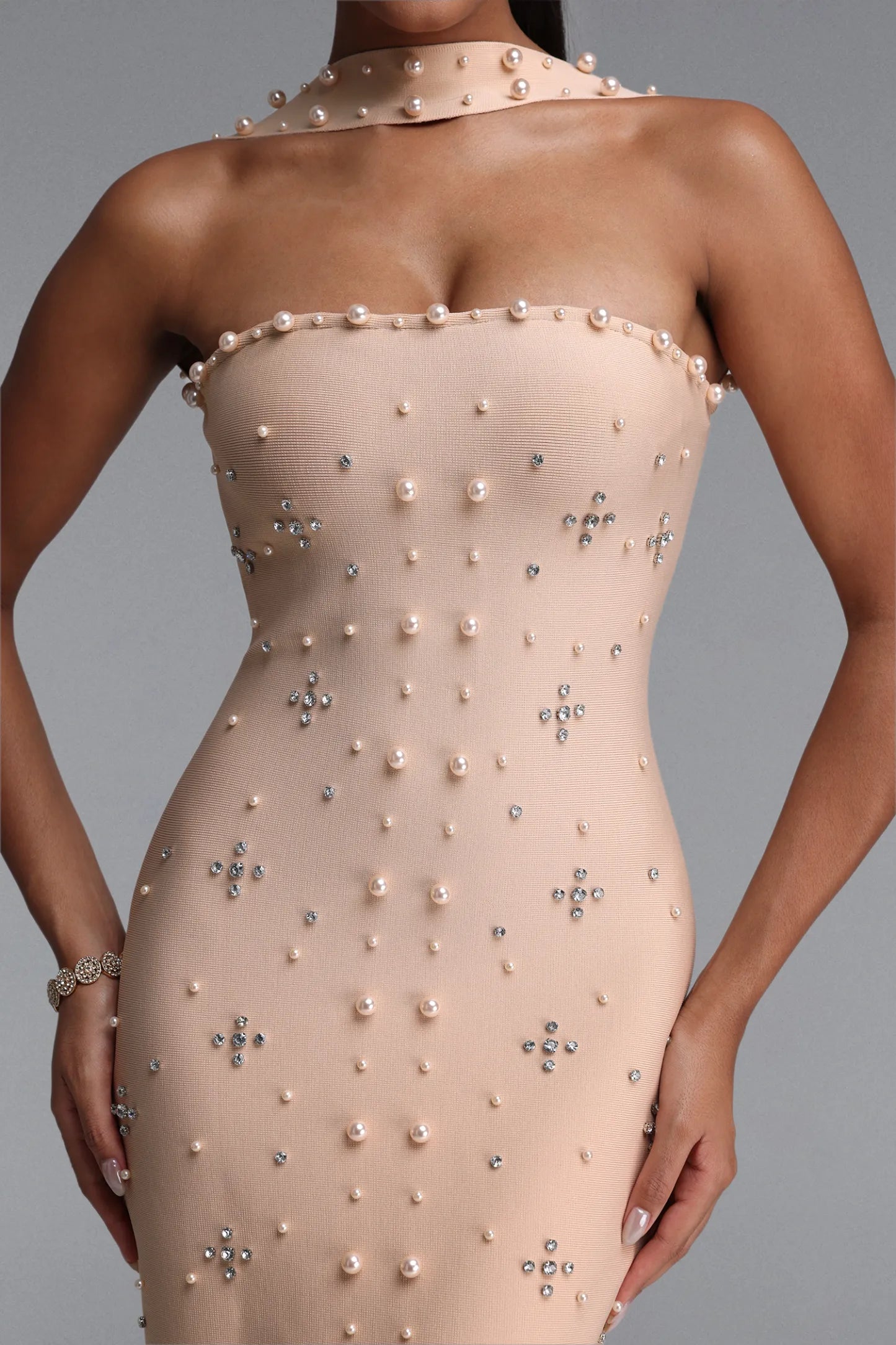 Pearl & Crystal Embellished Strapless Column Gown with Choker - Champagne