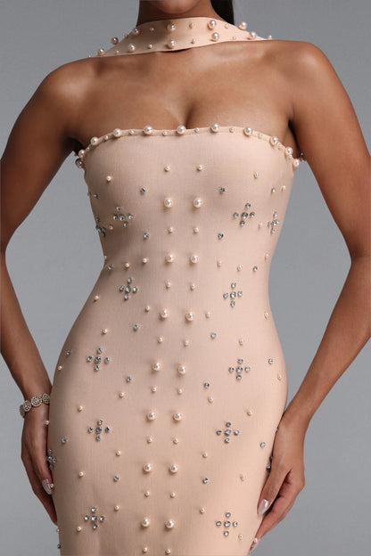 Pearl & Crystal Embellished Strapless Column Gown with Choker - Champagne