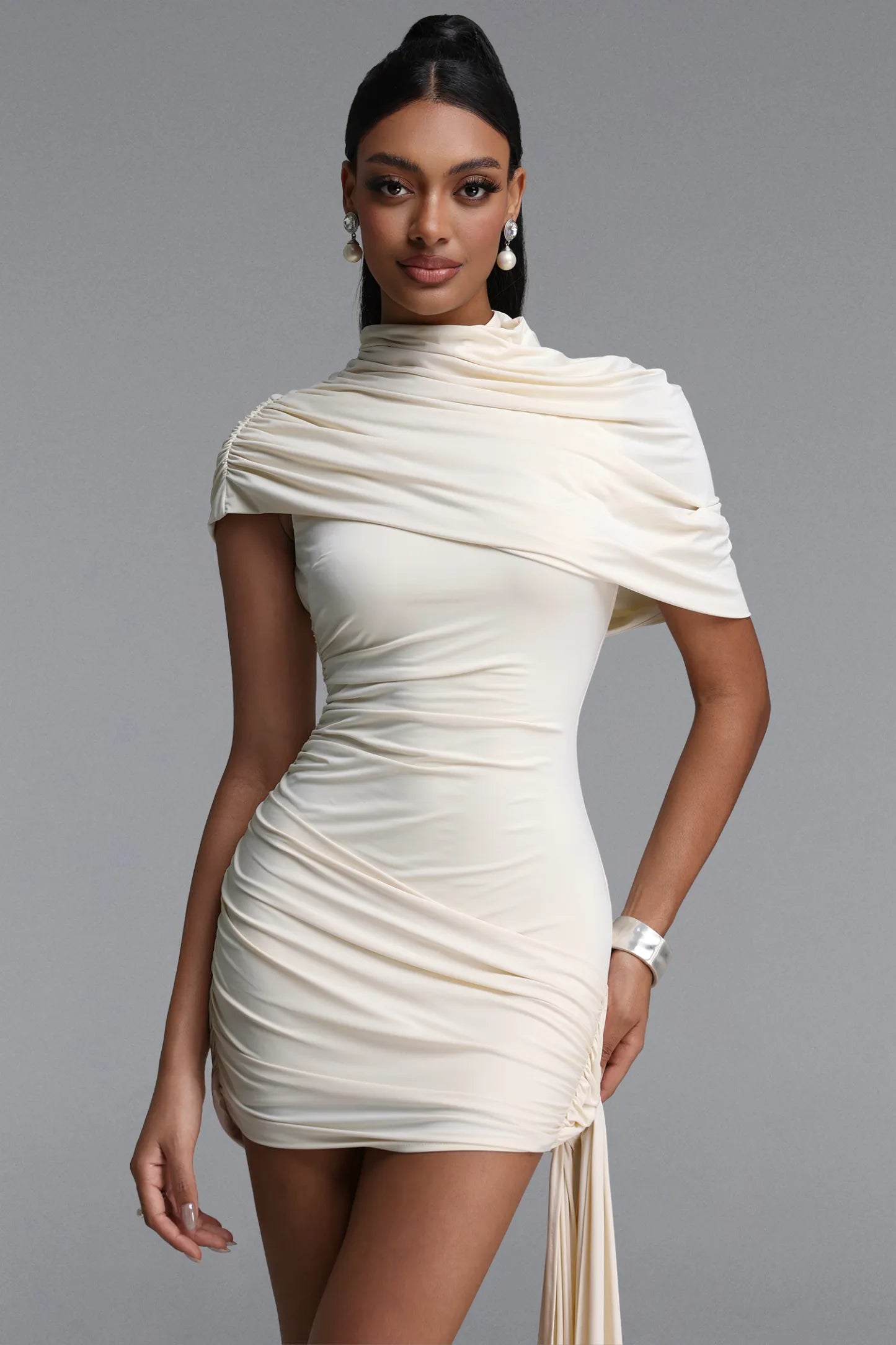 Asymmetrical Draped Ruched Mini Dress with Train - Ivory