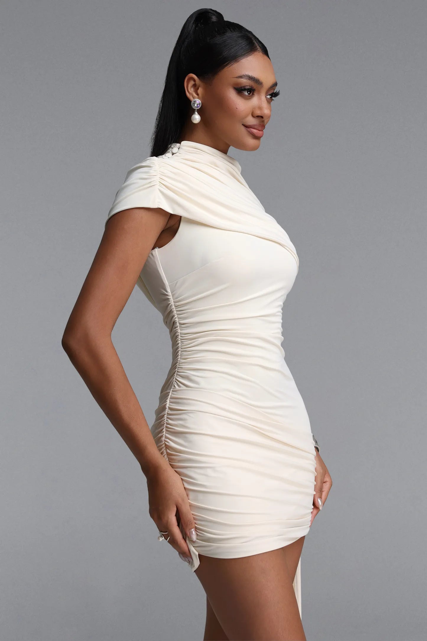 Asymmetrical Draped Ruched Mini Dress with Train - Ivory