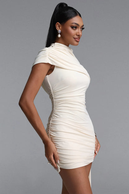 Asymmetrical Draped Ruched Mini Dress with Train - Ivory