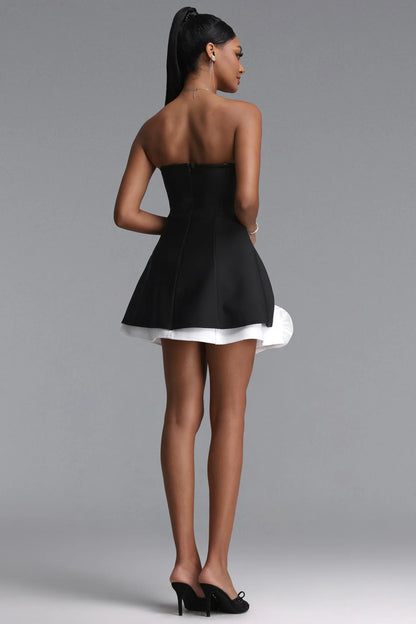 Strapless Corset Peplum Rosette Mini Dress - Black & White