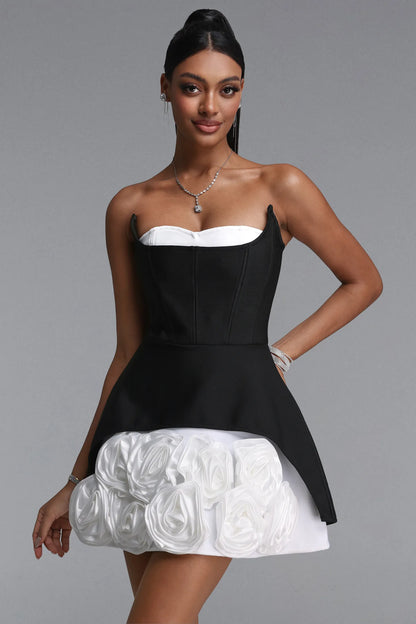 Strapless Corset Peplum Rosette Mini Dress - Black & White