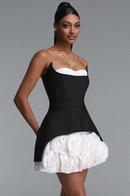 Strapless Corset Peplum Rosette Mini Dress - Black & White