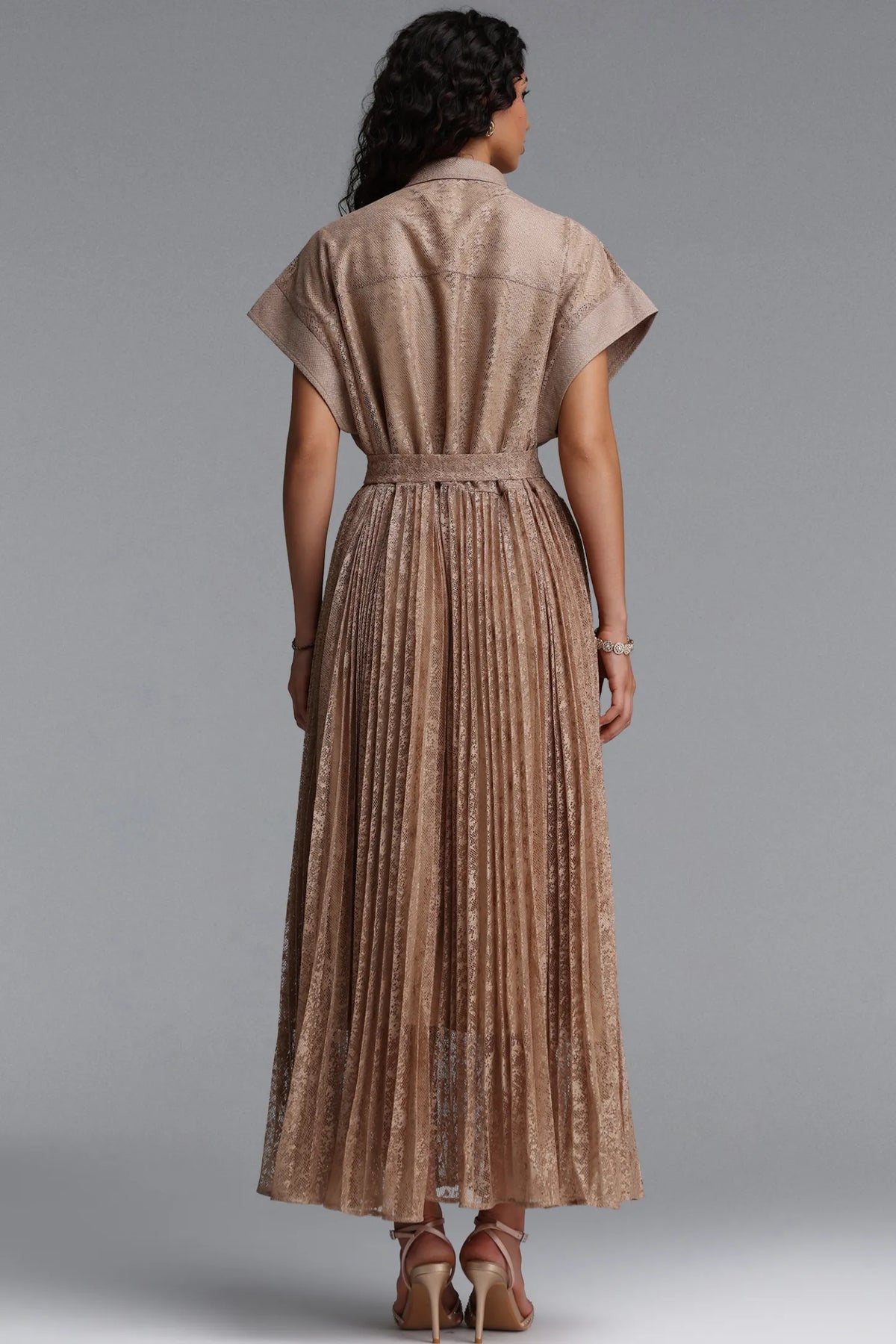 Pleated Lace Button-Down Shirt Dress - Taupe