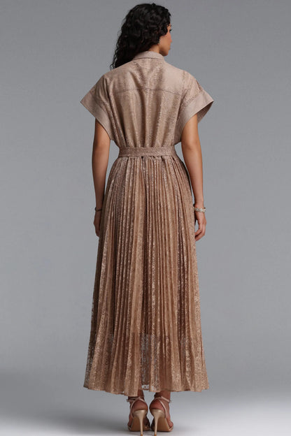 Pleated Lace Button-Down Shirt Dress - Taupe