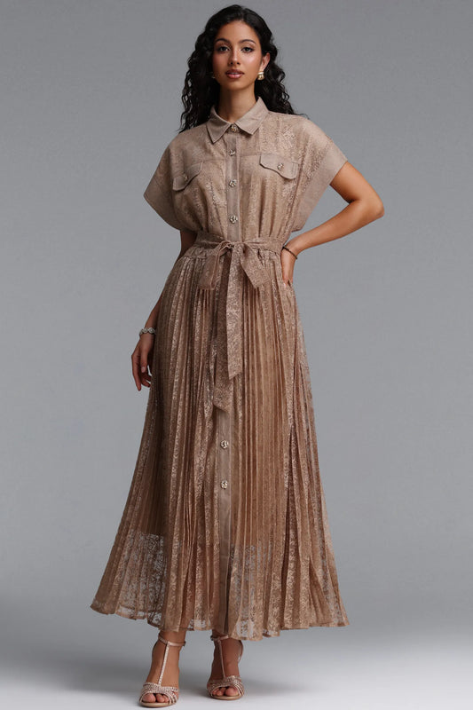 Pleated Lace Button-Down Shirt Dress - Taupe