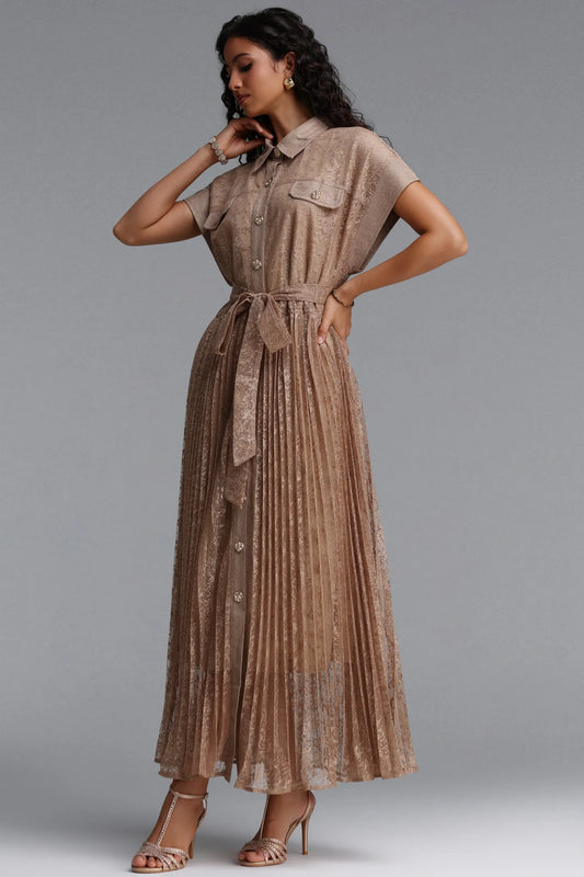 Pleated Lace Button-Down Shirt Dress - Taupe