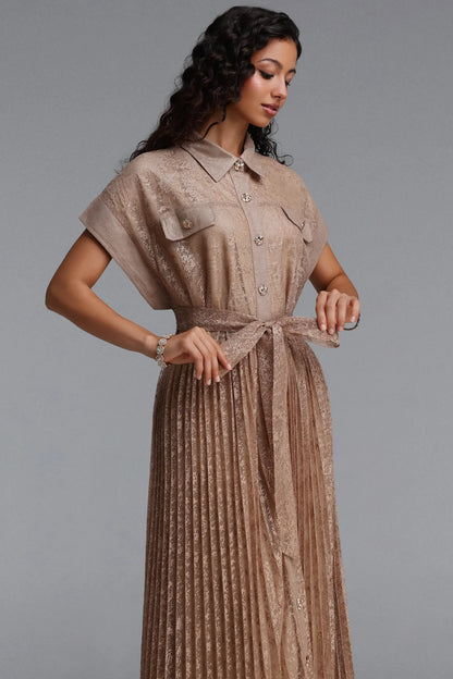 Pleated Lace Button-Down Shirt Dress - Taupe
