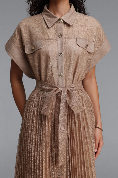 Pleated Lace Button-Down Shirt Dress - Taupe